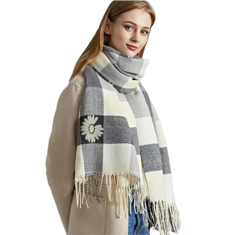 

Scarf for Women In Winter Wild Double-sided Plaid Thick Warm Scarf Imitation Cashmere Shawl Dual-use Exterior Female Scarf Shawl