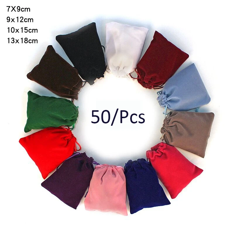 Multi color 50 шт./лот, 5x7 см, 7x9 см, 8x10 см, 9x12 см, цветная бархатная сумка для упаковки ювелирных изделий, бархатная сумка на шнурке, подарочные пакеты, можно настроить - Цвет: Multi color