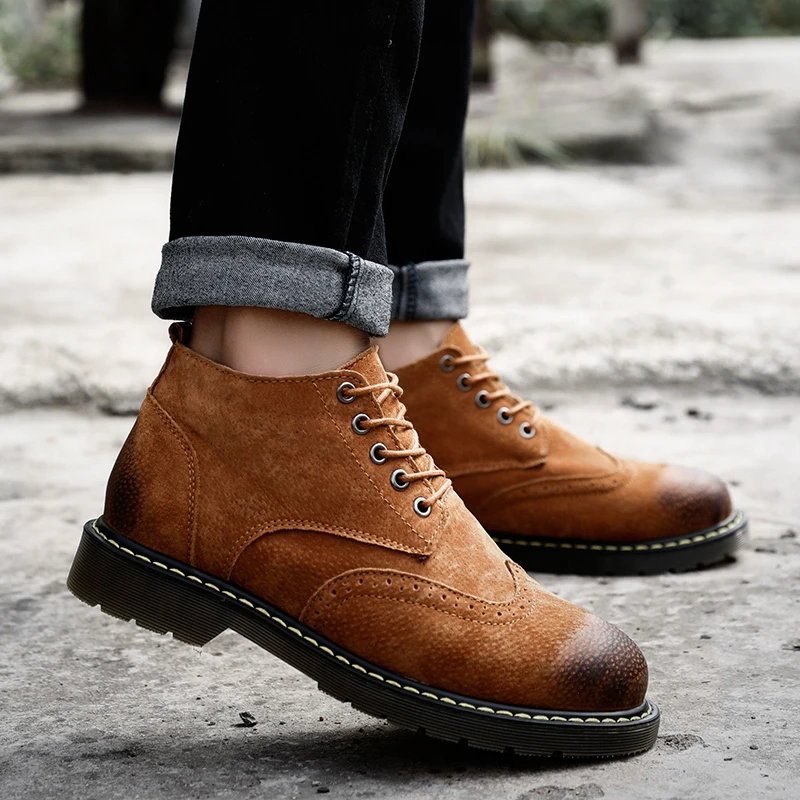 Удобные зимние ботильоны ковбойские мужские ботинки из натуральной кожи на