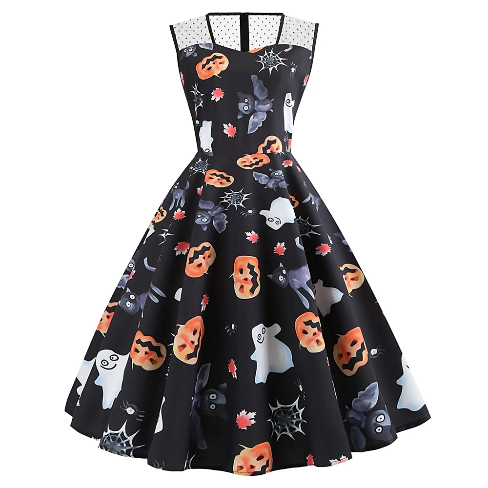Joineles Хэллоуин голова тыквы принт женское винтажное платье с круглым вырезом без