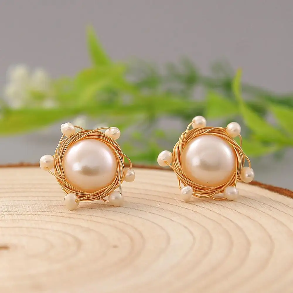 

Coeufuedy Baroque Natural Fresh Water Pearl Stud Earrings For Women Wedding Party Handmade Earrings Fine Jewelry Gifts