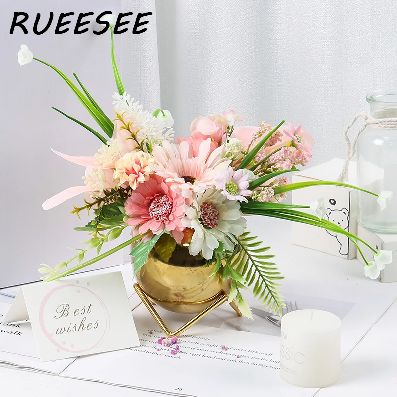 

Artificial Flowers with Ceramic Vase Silk Rose Hydrangea Lavender Sunflower Fake Plants Flower Arrangements Decorations for Home