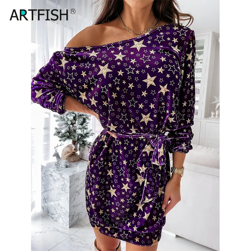 

Sexy One Shoulder Mini Dress Printed Full 3XL Oversized Feamle Sashes 2021 Spring Autumn Women Party Kawaii Stars Clubwear GV966