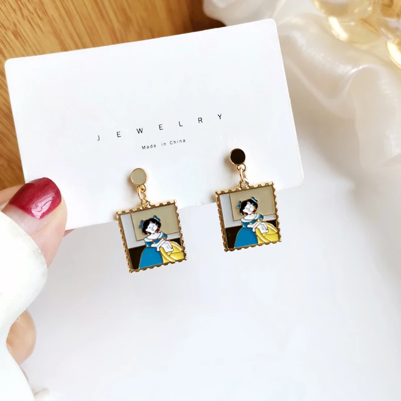 Серьги Эмалевые в стиле ретро с рисунком маслом виде маленькой принцессы милые
