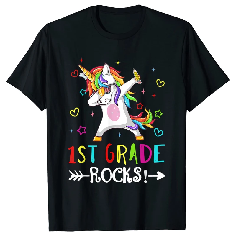 

2021 Men's Cotton T-shirt Summer Sale Dabbing 1st Grade Rocks! Unicorn First Day of School Printed Casual Street Loose T-shirt