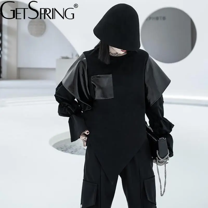 

Getspring Women Hoodies Pu Leather Patchwork Flare Sleeve Asymmetry Black Hoodies Asymmetry Casual Women Sweatshirt 2021 New