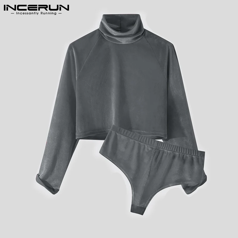 

Men Pajamas Sets Homewear Solid Color Velour Sexy Turtleneck Crop Tops Sleepwear & Briefs Two Pieces Men Pyjamas Suits INCERUN