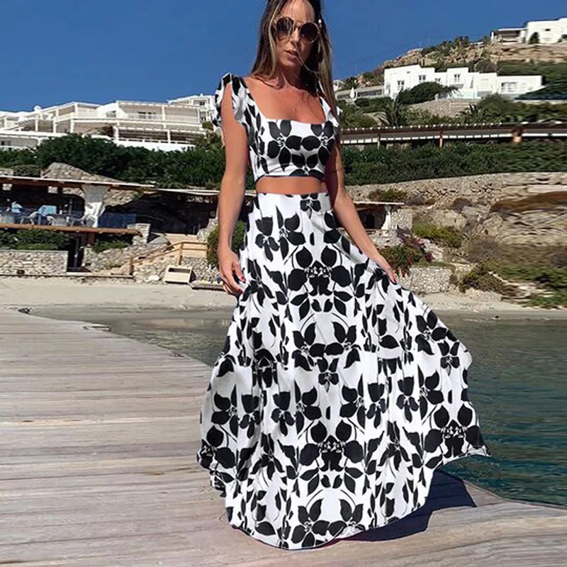 

2021 Summer Boho Sexy Printed Sleeveless Dress Square Neck Long Dress 2 Piece Beach Dress Beach Resort Saran Cage
