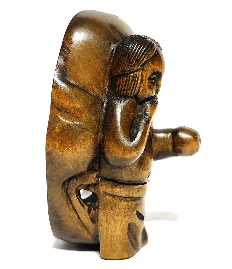 2 INCH Japanese Boxwood Hand Carved Netsuke Sculpture Miniature Man and Funny Mask - #ZY6365 | Figurines &amp Miniatures