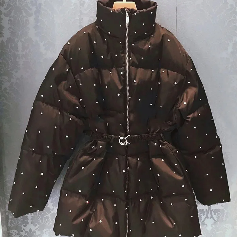 New Loose Belt Winter Jacket Elegant Water Drill Waist Cotton Clothing Women Long H09143