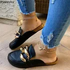 Шлепанцы женские кожаные, на плоской подошве, с большой цепочкой, большие размеры, для лета, 2021