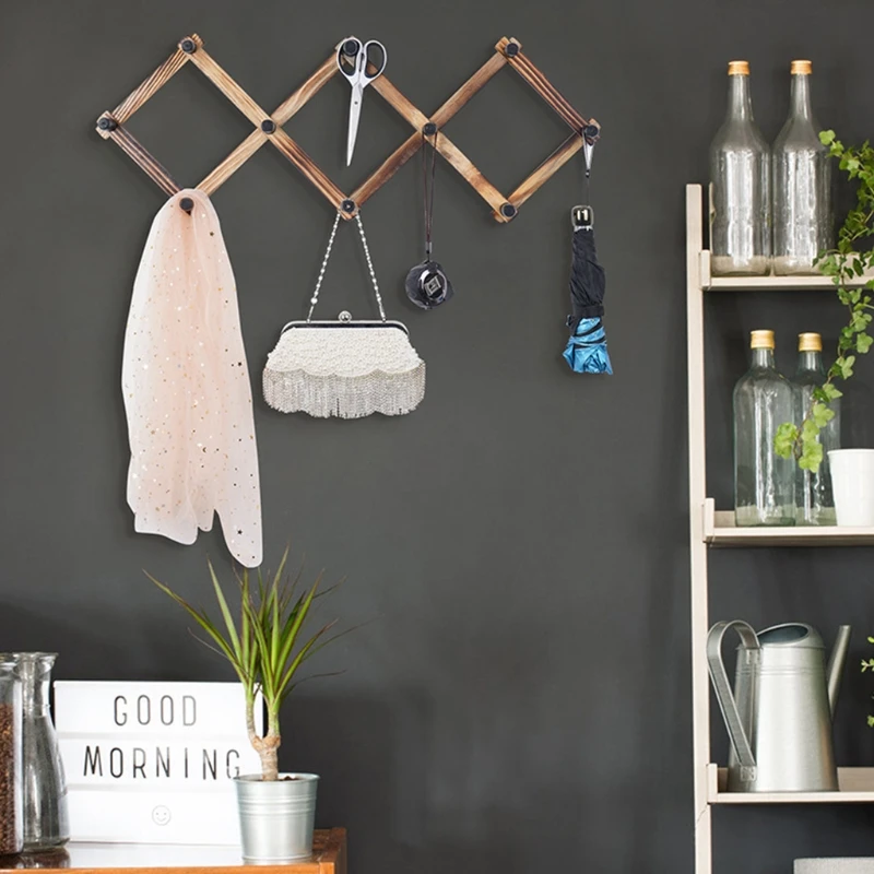 

4X7B Vintage Wood Expandable Wall Hanger Wooden Folding Coat Rack for Hats Scarves Key Towels Leash Jewelry Decor
