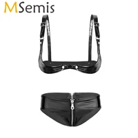 womens leather fetish sensual lingerie set exposed breast open cup underwired push up bra top with g string erotic underwear set
