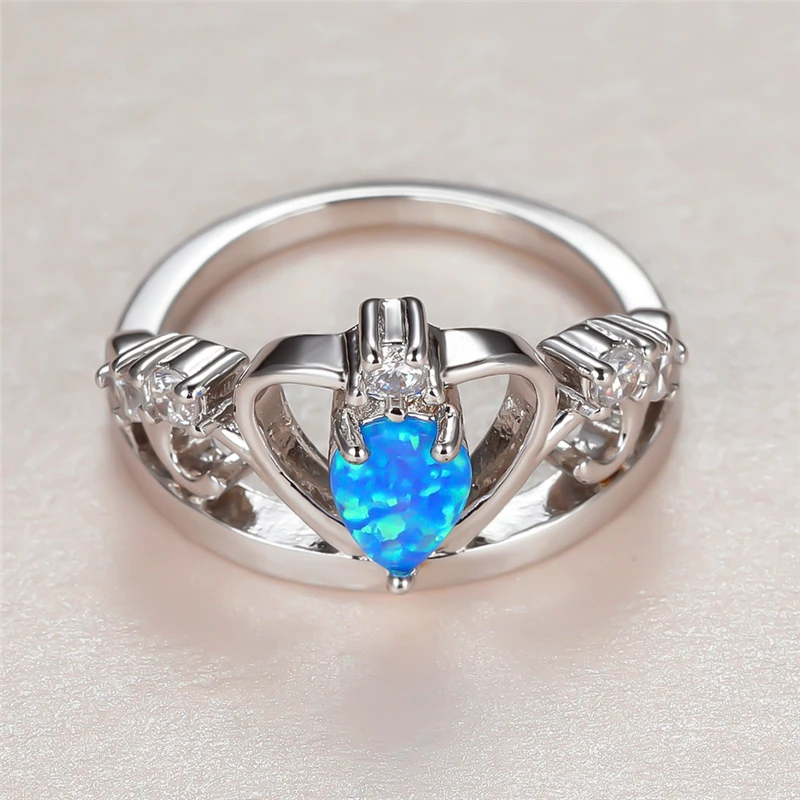 

Vintage Female Blue Opal Stone Ring Charm Silver Color Thin Wedding Rings For Women Luxury Bride Crystal Crown Engagement Ring