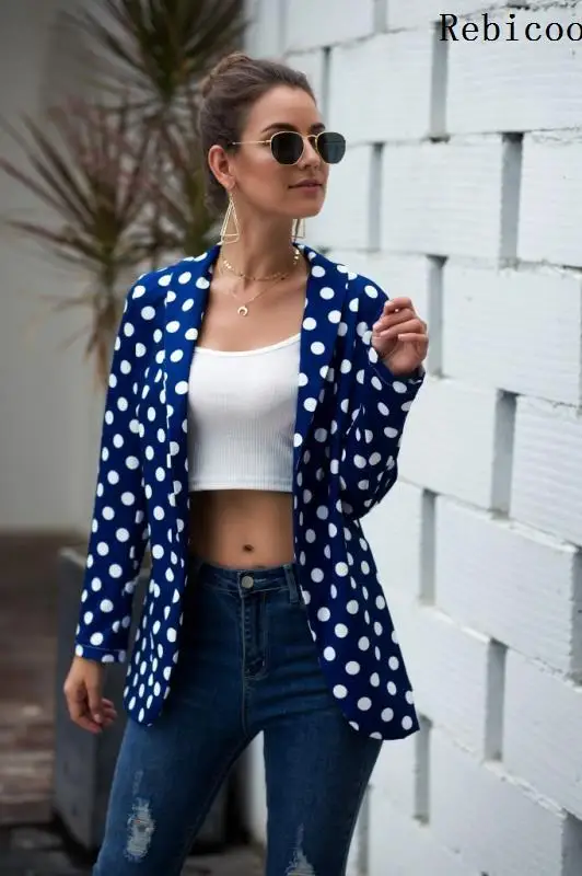 Женский Повседневный пиджак в горошек черный офисный с рукавами складку деловая