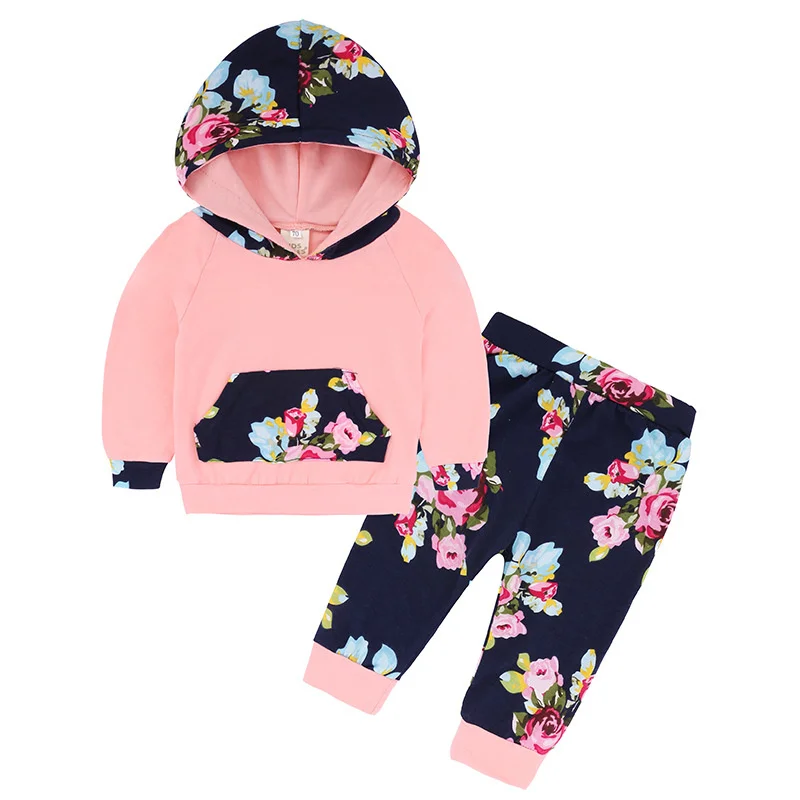 

Hot selling baby baby print hooded girl suit