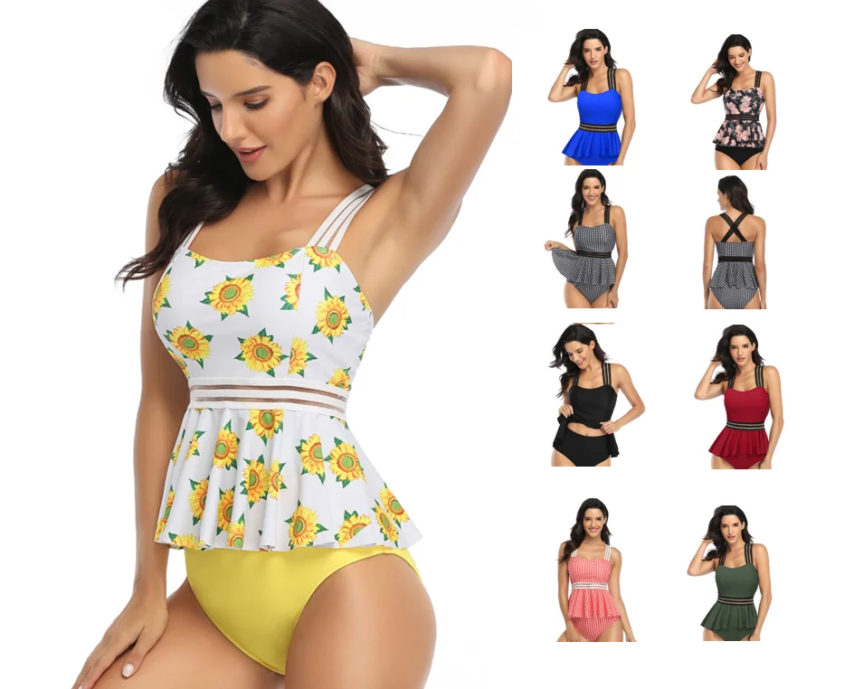 

Summer Women Two-Piece Suits Split Swimsuit High Waist Ribbon Skirt Swimwear conservative Print Ruffles Holiday Ruffle Bikini