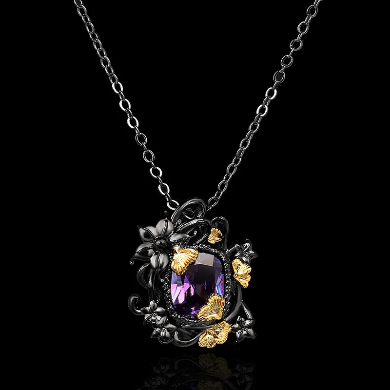 

Retro Light Luxury 925 Silver Women's Necklace Amethyst Pendant Female Flower Temperament Jewelry Party Sweater Chain