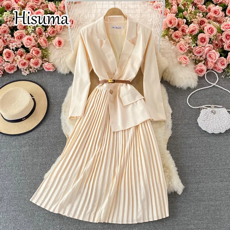 

2021 autumn new women Notched collar long sleeve chiffon A-line dress female Chic elegant waist split OL pleating dresses