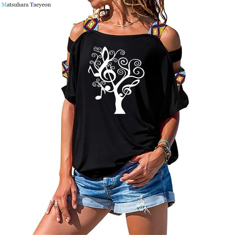

2021 New Fun Musical Trees T-Shirt Women Loose Cotton Short Sleeve Female T-shirts Fashion Hollow Out Shoulder Tees plus size