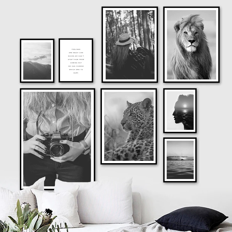 

Lion Leopard Girl Mountain Cloud Camera Wall Art Canvas Painting Nordic Posters And Prints Wall Pictures For Living Room Decor