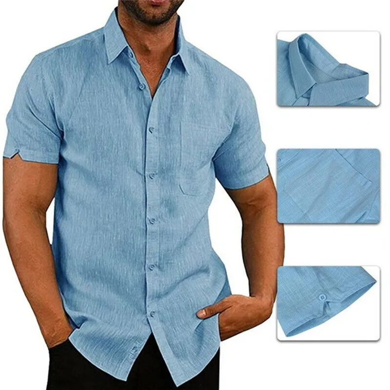 

Men's Shirts Blouse Short Sleeve Men Casual Slim Fit Mandarin Collar Shirts High Quality Summer Beach Shirt