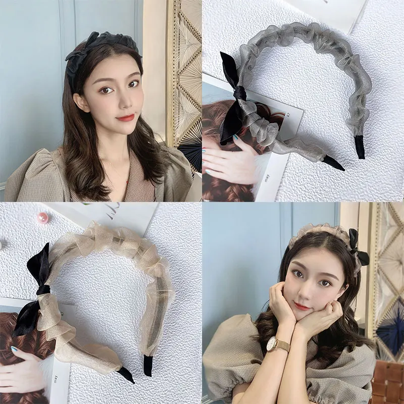 

Sweet Black Organza Headband For Women Korean Transparent Mesh Hair Hoop Bow Non-Slip Head Hoop Fashion Hair Accessories New