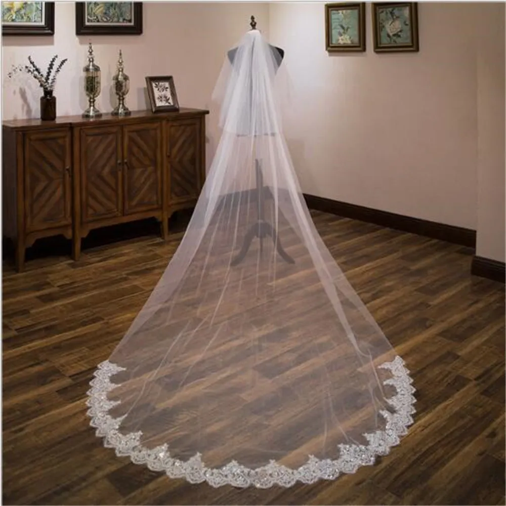 

Voile Mariage Two Layer Wedding Veil With Comb White Lace Edge Bridal Veils Ivory Appliqued Cathedral Wedding Veil