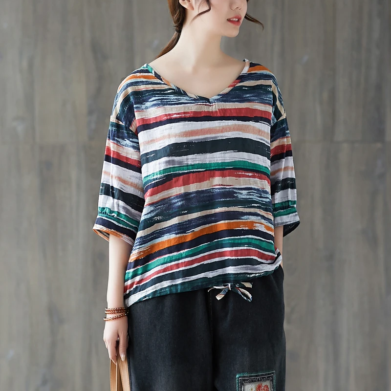 Новинка 2020 Свободная Женская футболка с рисунком волны и искусственной льняной