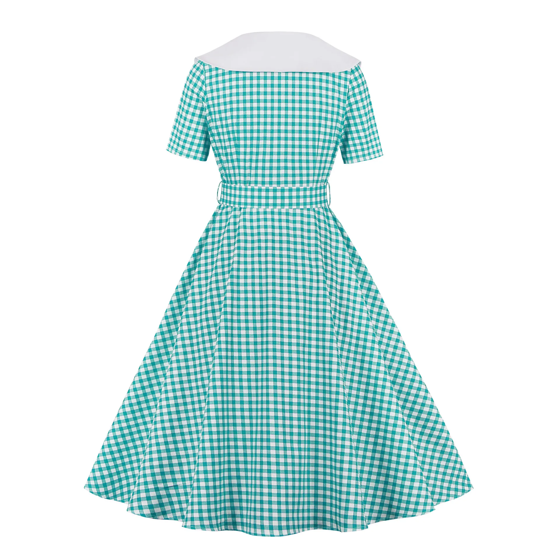 

50s Summer Plaid Printed Casual Party Dress Cotton Vintage Short Sleeve Button Turn Down Neck Swing Tunic Midi Dresses With Belt