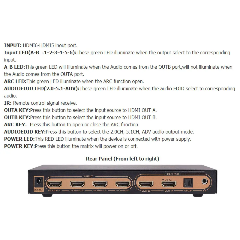 6 in 2 Out HDMI Matrix Splitter Support HD 4K x 2K 3D Audio Video Converter with Remote Control GV99 |