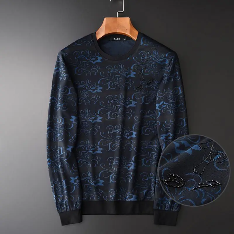 

Yarn dyed jacquard knitting fashion beaded embroidery long sleeve round neck T-shirt for men
