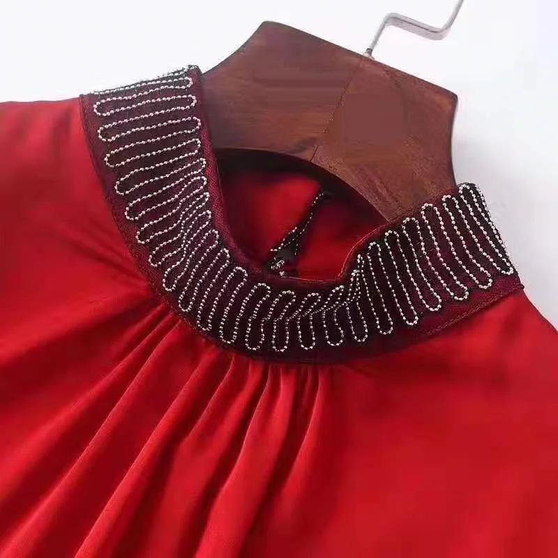 

2020 Spring Autumn Fashion Red Black Blouses High Quality Silk Women Chain Beading Neck Long Sleeve Elegant Tops Blusas Feminino