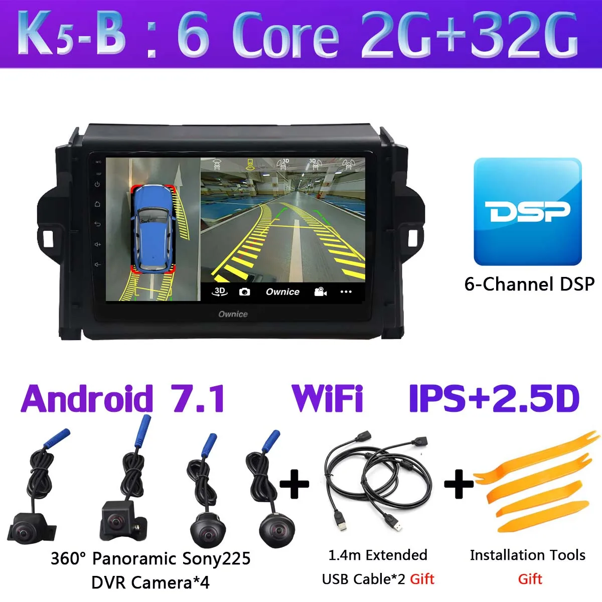 K5-B Панорамная камера на 360 ° Android 9,0 4G+ 64G SPDIF DSP CarPlay Автомобильный плеер для Toyota Fortuner gps радио головное устройство - Цвет: K5-B