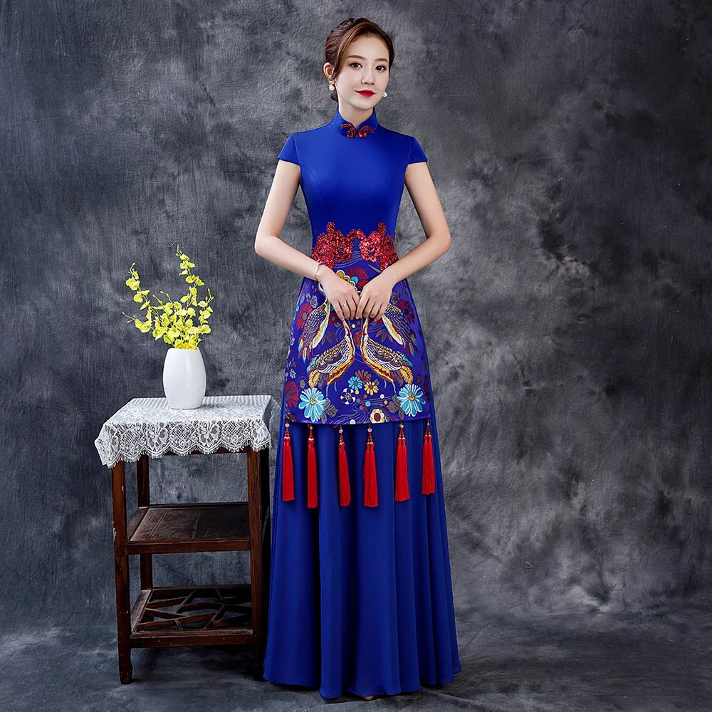 

Beads Tassel Qipao Flower Birds Pleated Banquet Party Dress Gown Mandarin Collar Vintage Cheongsam Sexy Sequins Zipper Vestidos