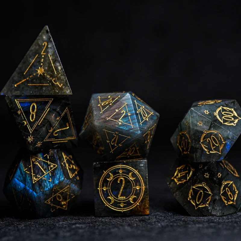 Natural Labradorite Gems Dice Magic Matrix Symbol Stone Engrave Polyhedral Dice Starry Sky Dice For DND RPG COC Table Games