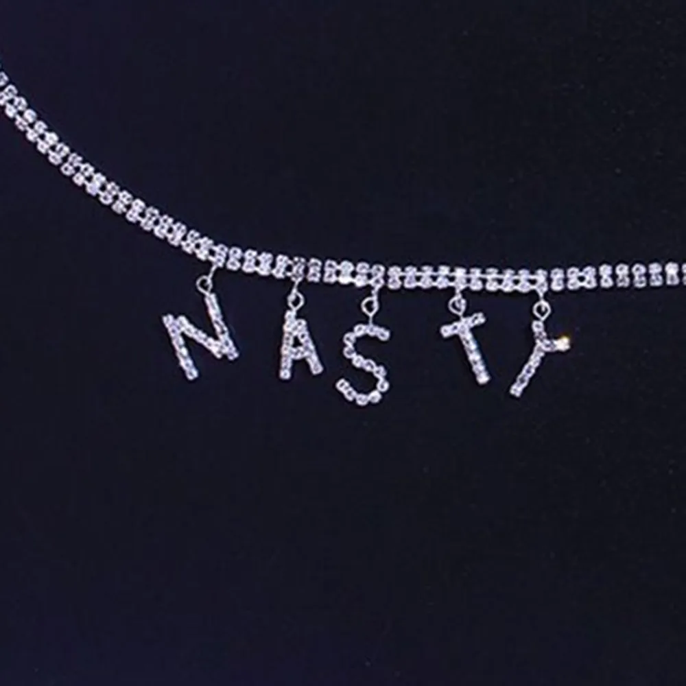 

Ins Multilayer Rhinestone Letter Pendant Personality Anklet Fashion Ladies Nightclub NYSTY Sexy Body Chain Waist Accessories