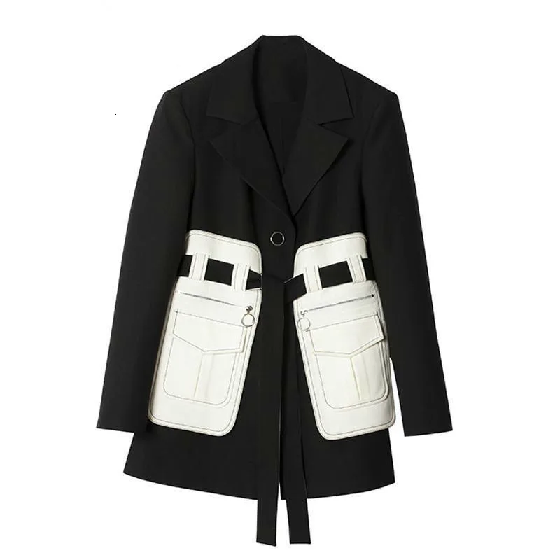 Женский блейзер с карманами [EWQ] черный отложным воротником и длинными рукавами в