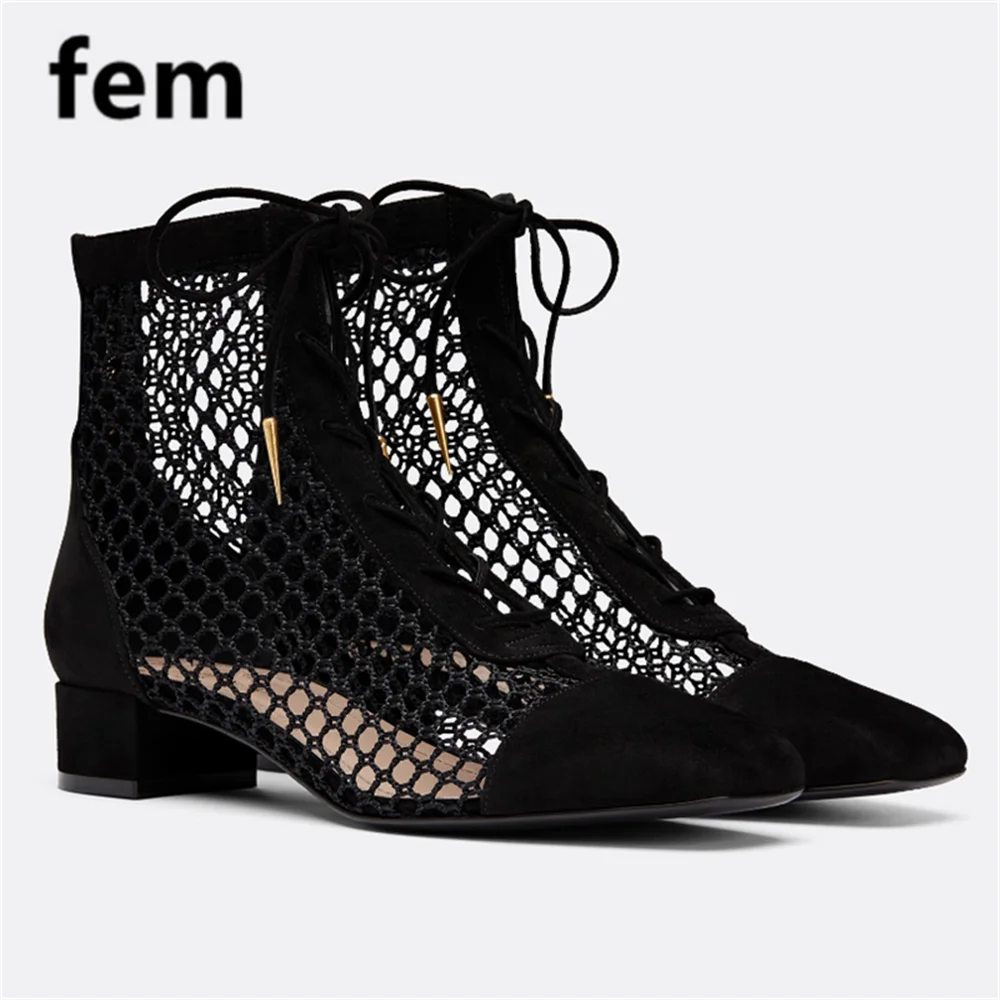 

Boots Women Mesh Botas Summer Shoes For Women Sexy Cross Tied Fashion Fisherman Ankle Boots Zipper Chunky Heels Comfortable Low