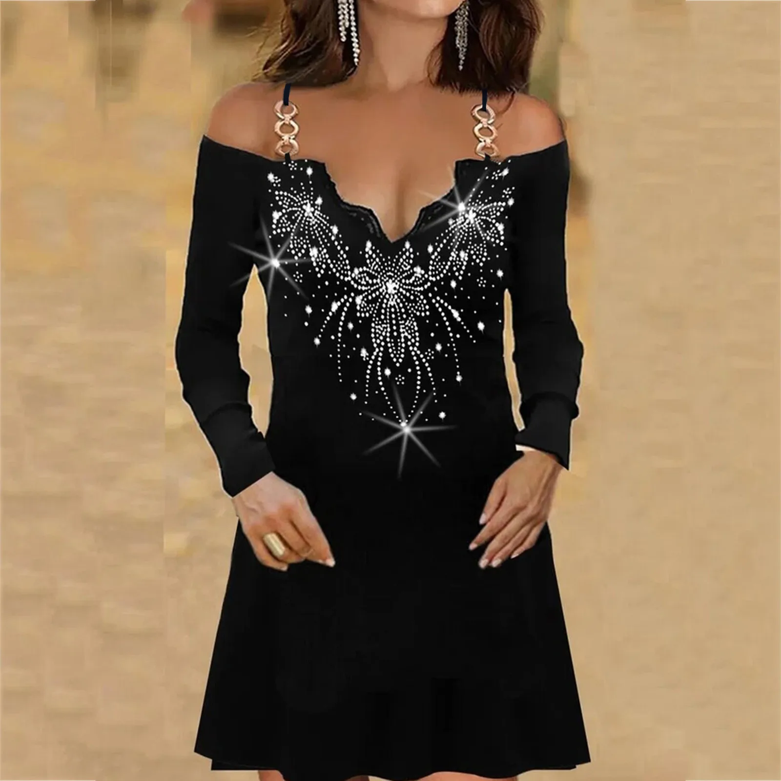

2022 Evening Party Dress For Womens Long Sleeve Vintage Lace Dress Sequin Gothic Sexy Off Shoulder Bodycon Mini Dresses#H