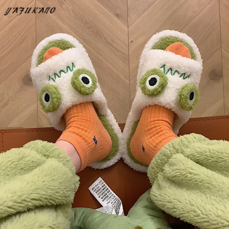 

Симпатичные Мультяшные женские тапочки, женские зимние модные индивидуальные Нескользящие мягкие удобные пушистые туфли на плоской подош...