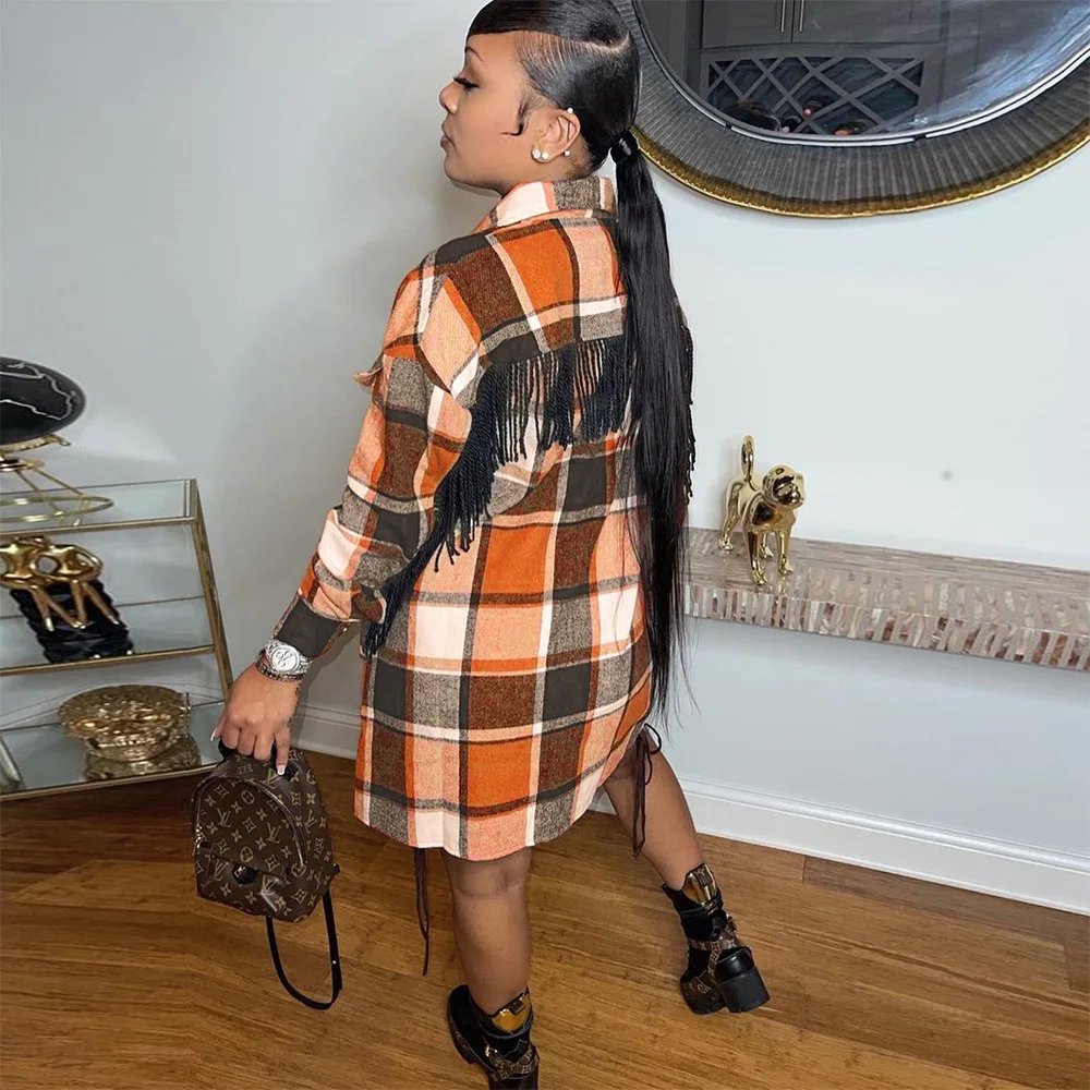 

Fall Winter Women's Long-version Plaid Wool & Blends Vintage Turn Down Collar Long Sleeve Coat Hipster Back Tassels Loose Jacket