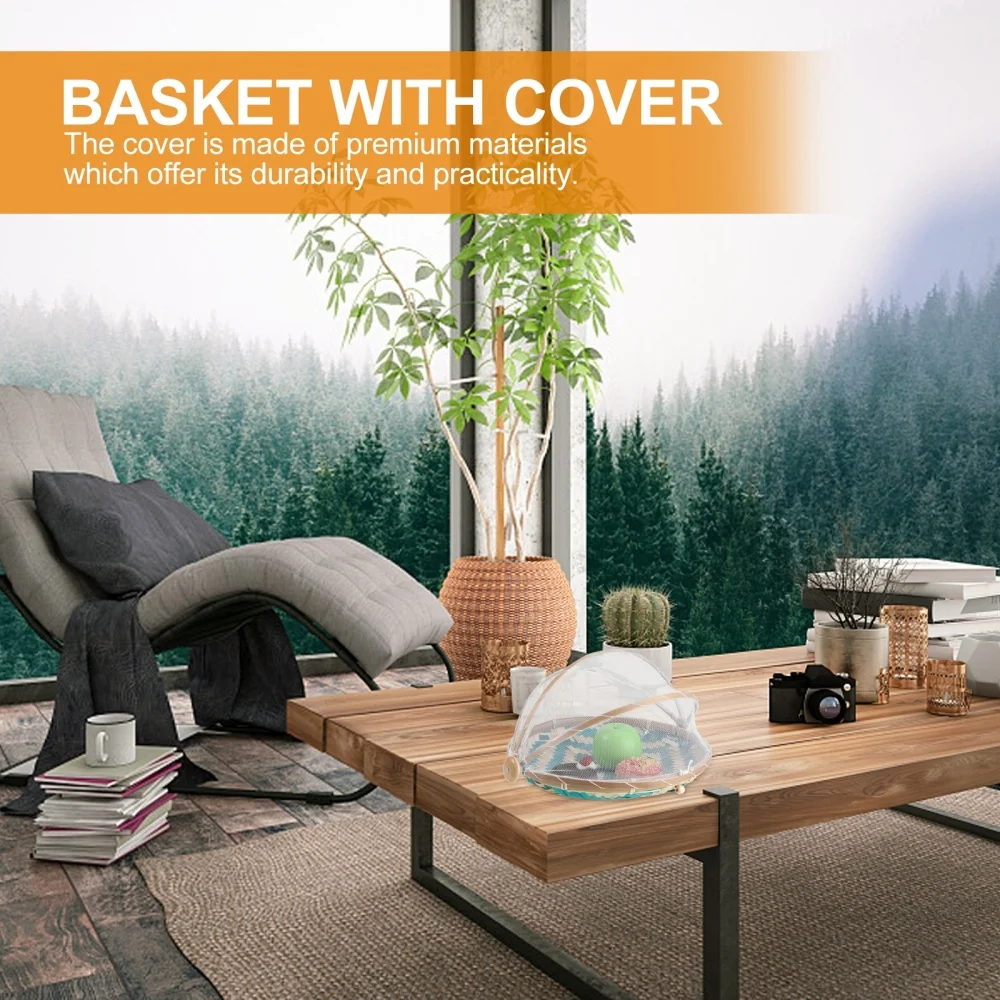 

1Pc Bamboo Food Basket Household Bamboo Ware with Net Yarn Cover (Green)