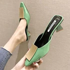 2021 летние Элитный бренд женские зеленые туфли на высоком каблуке; Обувь с закрытым носком и на плоском квадратном каблуке; Без задника на плоской подошве; Мокасины без задника шлепанцы без задника с открытыми пальцами вечерние туфли