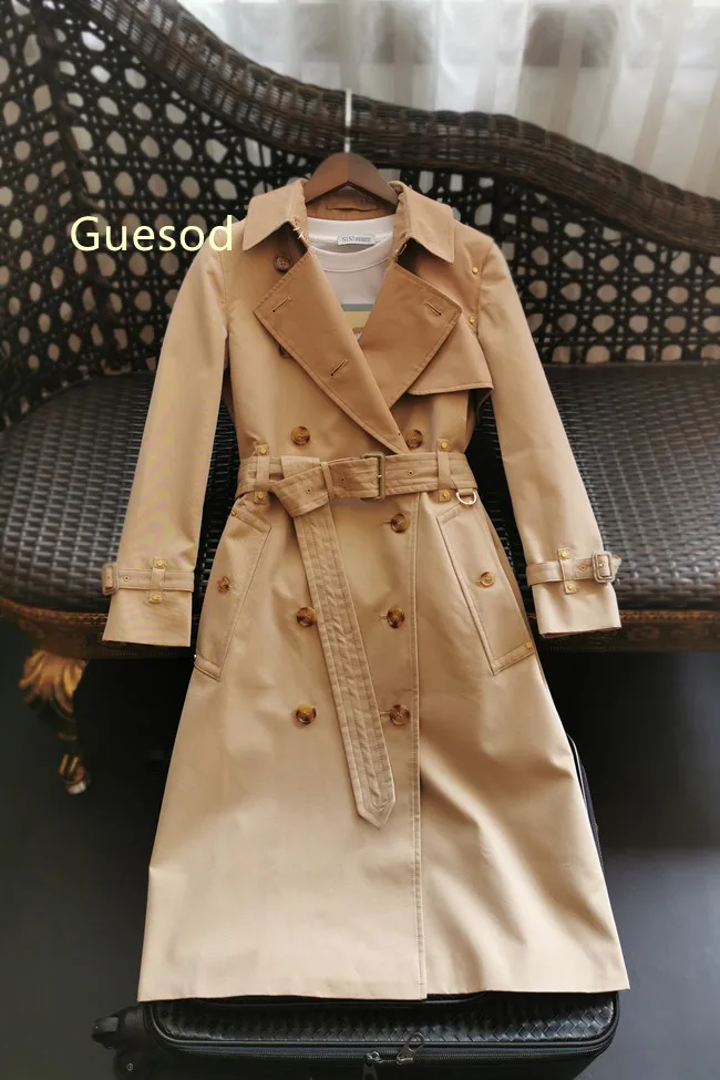 

Women Trench Coat High Quality Female 2020 Spring Autumn Color Collage Patchwork Rivet Outerwear Waterproof British Coat Trench