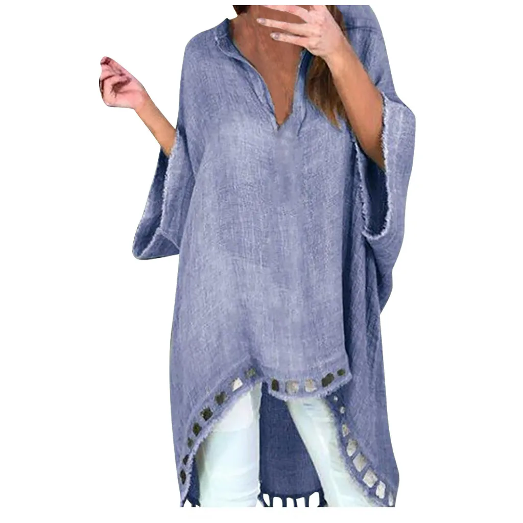 New Women Fashion Solid Colors V-neck Cotton Line Vintage Loose Irregular Long Sleeve Shirt Tops Blouse Blusa Plus Size#g3 | Женская