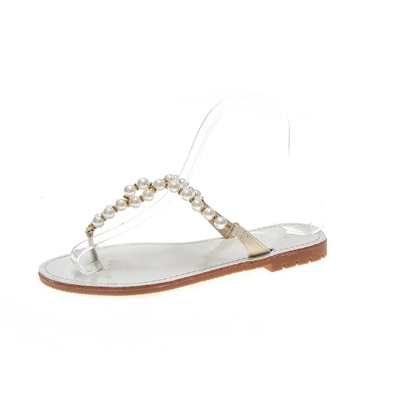 

Female Shoes Ladies' Slippers Low String Bead Flock Rubber Flip Flops Beige Heeled Sandals Summer Clogs Woman Luxury Slides 2021