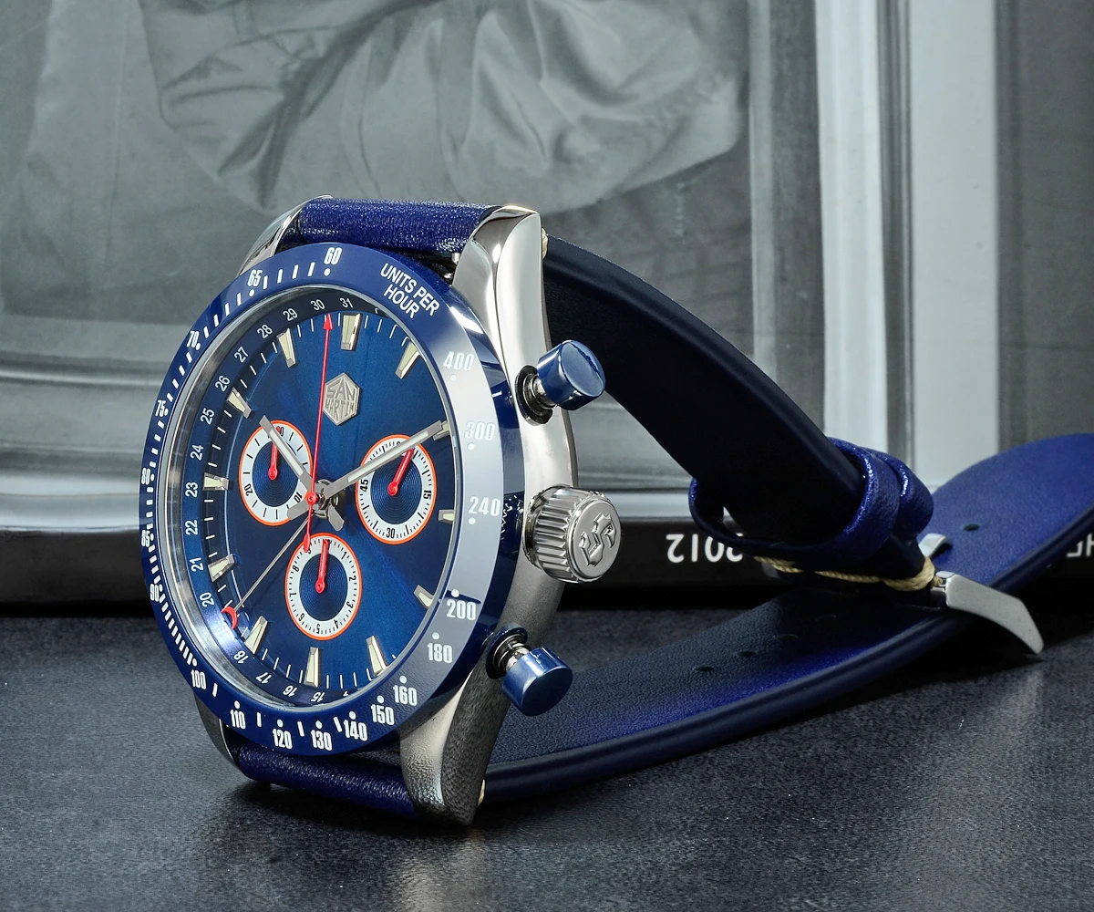 Lugyou San Martin Quartz Watch Men Chronograph Timepiece Sun ray Metal Band Sub Dials Pusher Sapphire 100m Water Resistant Glow