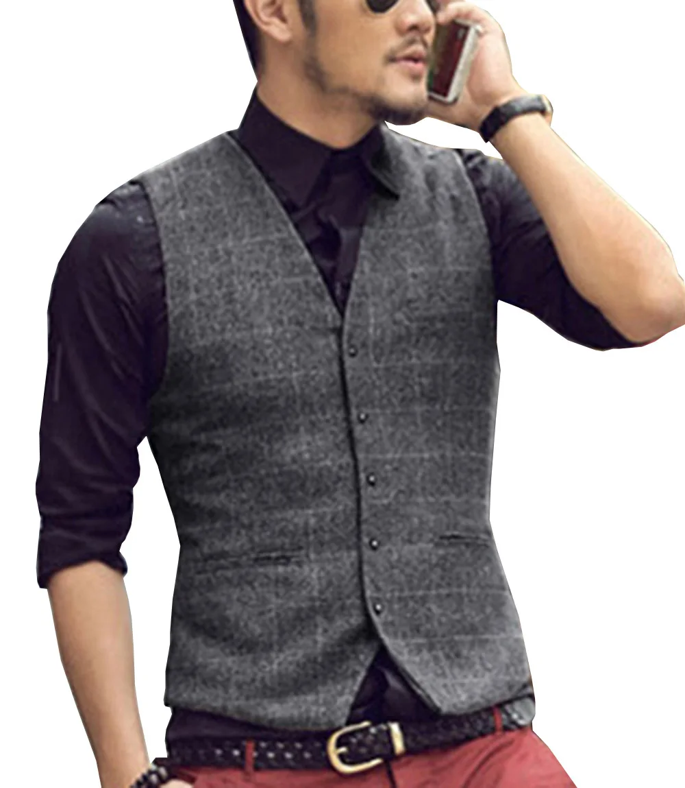 Твидовый мужской костюм жилет в клетку шерстяной коричневый однобортный