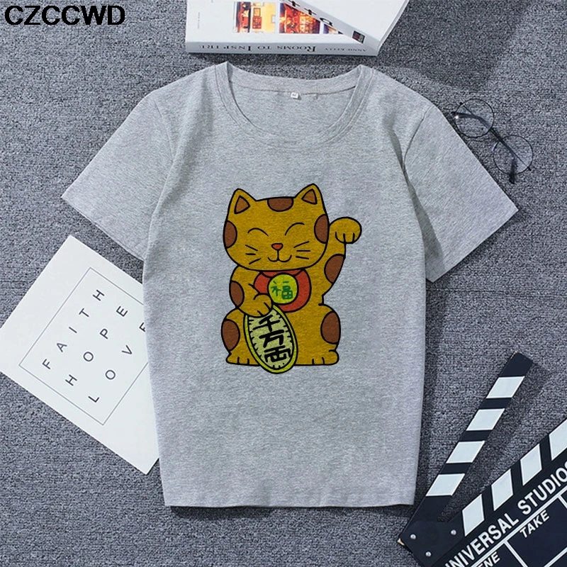 Женская Винтажная Футболка с принтом Lucky Cat серая Повседневная футболка в стиле